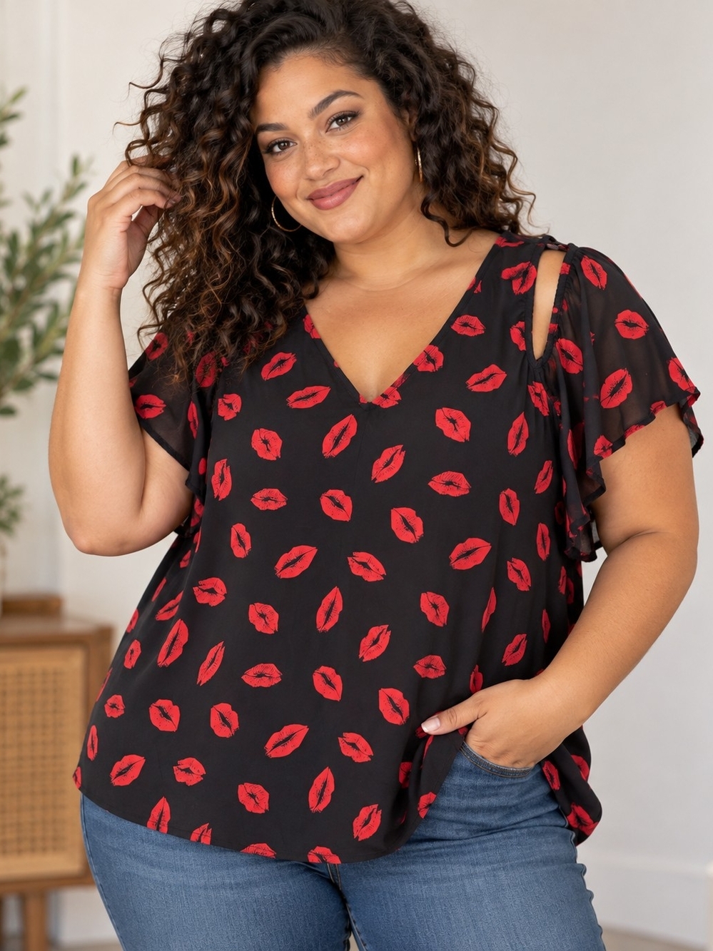 torrid Black Blouse with Red Lip Print